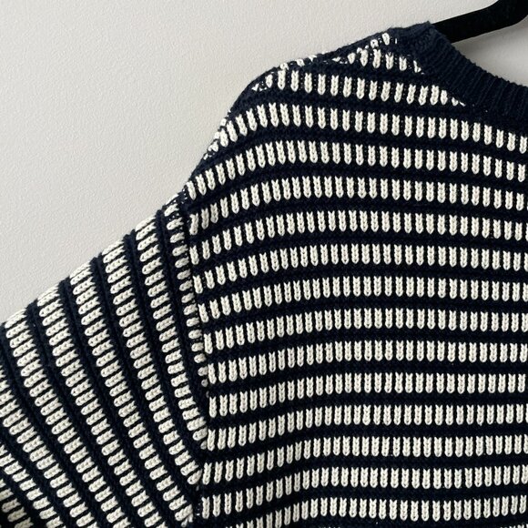 Frank And Oak Crochet Knit Sweater Round Neck Striped Pattern Blue White XXL - Picture 5 of 8